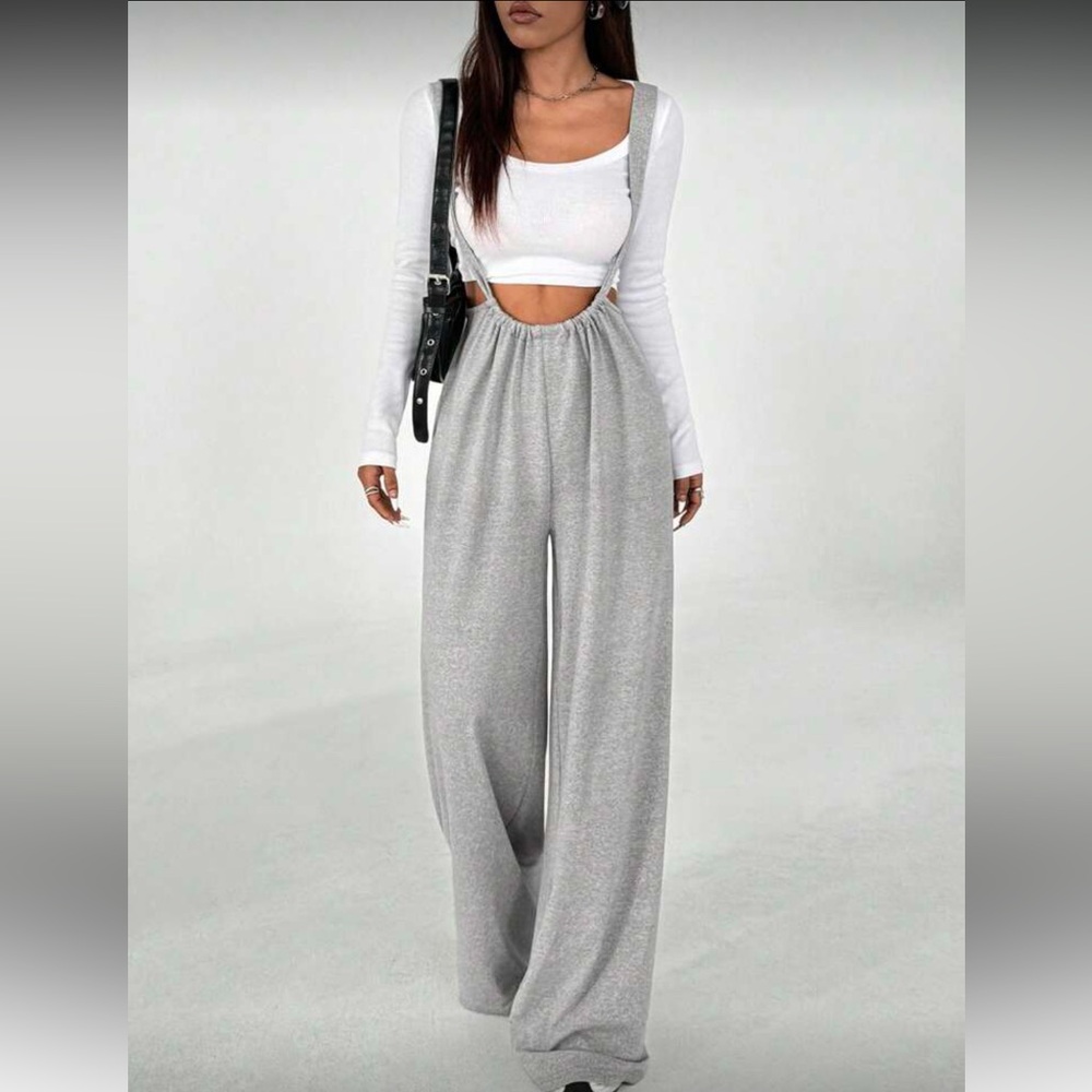 Jumpsuit Gray Women's Wide-Leg Pants scoop front adjustable